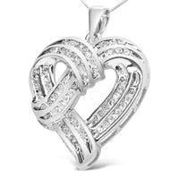 925 Sterling Silver 1 1/4 Cttw Round Diamond Openwork Ribbon Weave Heart Pendant 18" Necklace (I-J Color, I3 Clarity)