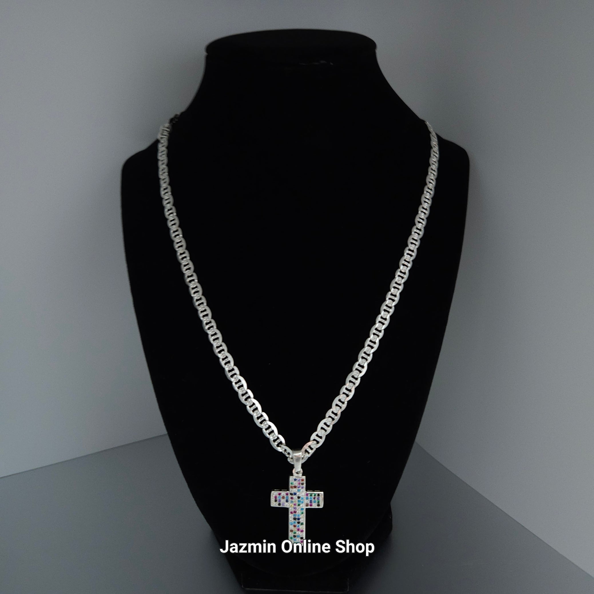 Multicolor Cubic Zirconia Sterling Silver Cross Pendant