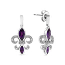 925 Sterling Silver Marquise Cut Amethyst and Diamond Accent Fleur De Lis Dangle Stud Earrings (H-I Color, SI1-SI2 Clarity)