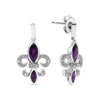 925 Sterling Silver Marquise Cut Amethyst and Diamond Accent Fleur De Lis Dangle Stud Earrings (H-I Color, SI1-SI2 Clarity)