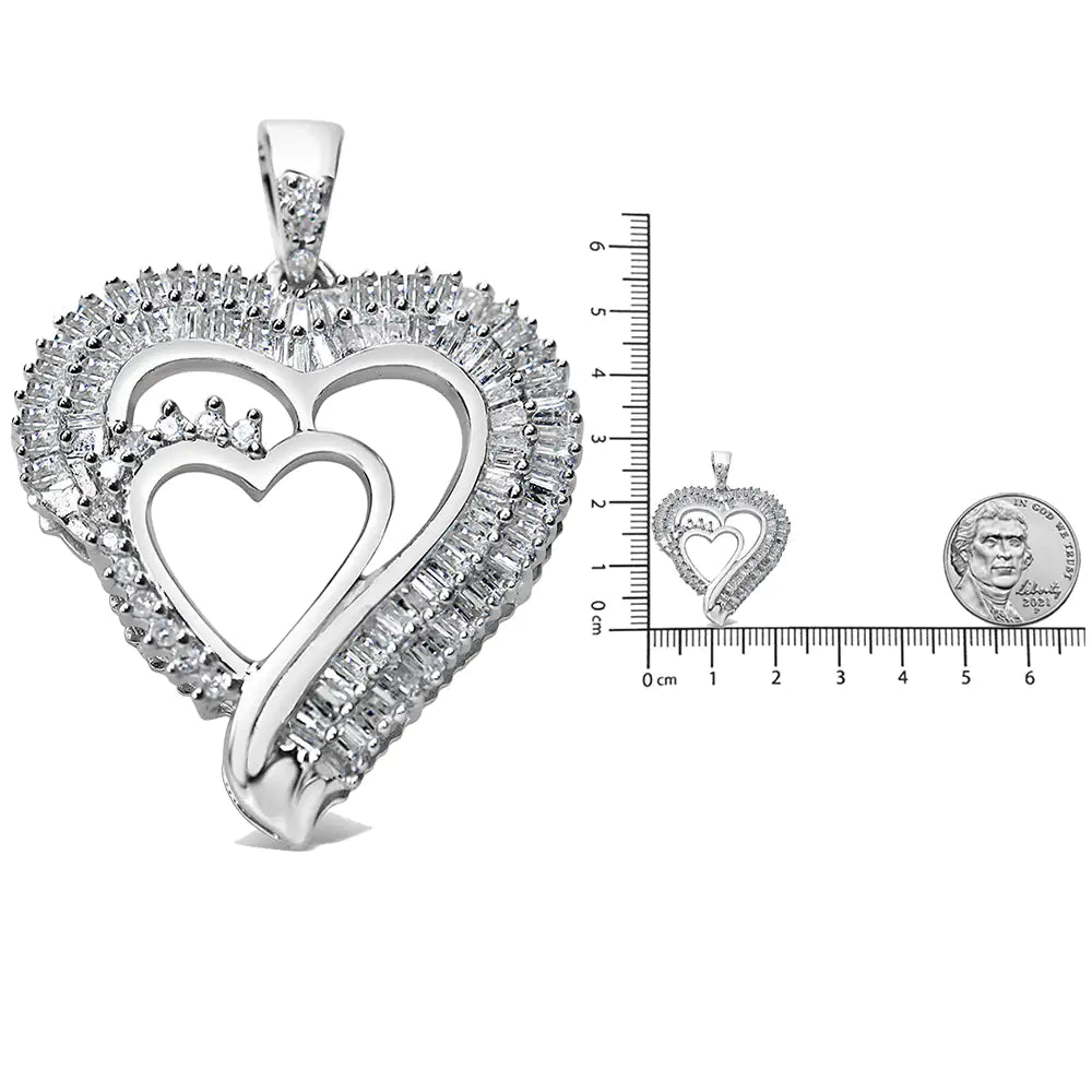 925 Sterling Silver 3/4 Cttw Round and Baguette Diamond Double Heart Pendant 18" Necklace (I-J Color, I3 Clarity)