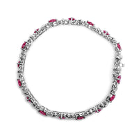 925 Sterling Silver Created Heart Shape Red Ruby and White Diamond Accent Link Bracelet (I-J Color, I3 Clarity)- 7.25" Inches