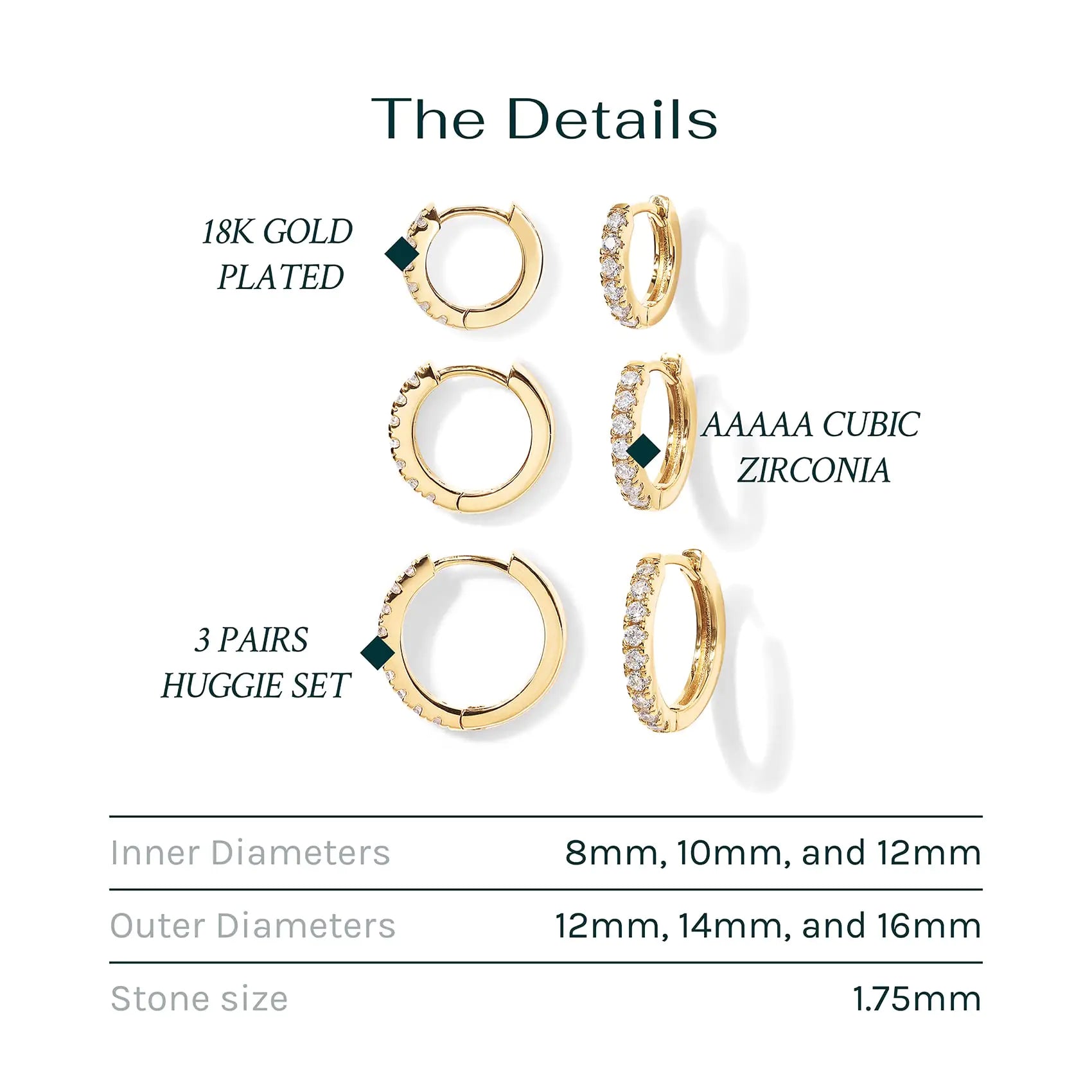 3 Pairs Small Gold Hoop Earrings Set 8mm 10mm 12mm White & Yellow Sets