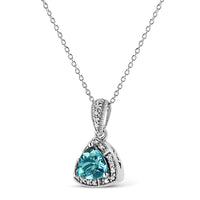 925 Sterling Silver 7x7 mm Trillion Cut Blue Topaz Gemstone and Diamond Accent 18" Pendant Necklace (I-J Color, I1-I2 Clarity)