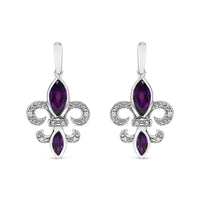 925 Sterling Silver Marquise Cut Amethyst and Diamond Accent Fleur De Lis Dangle Stud Earrings (H-I Color, SI1-SI2 Clarity)