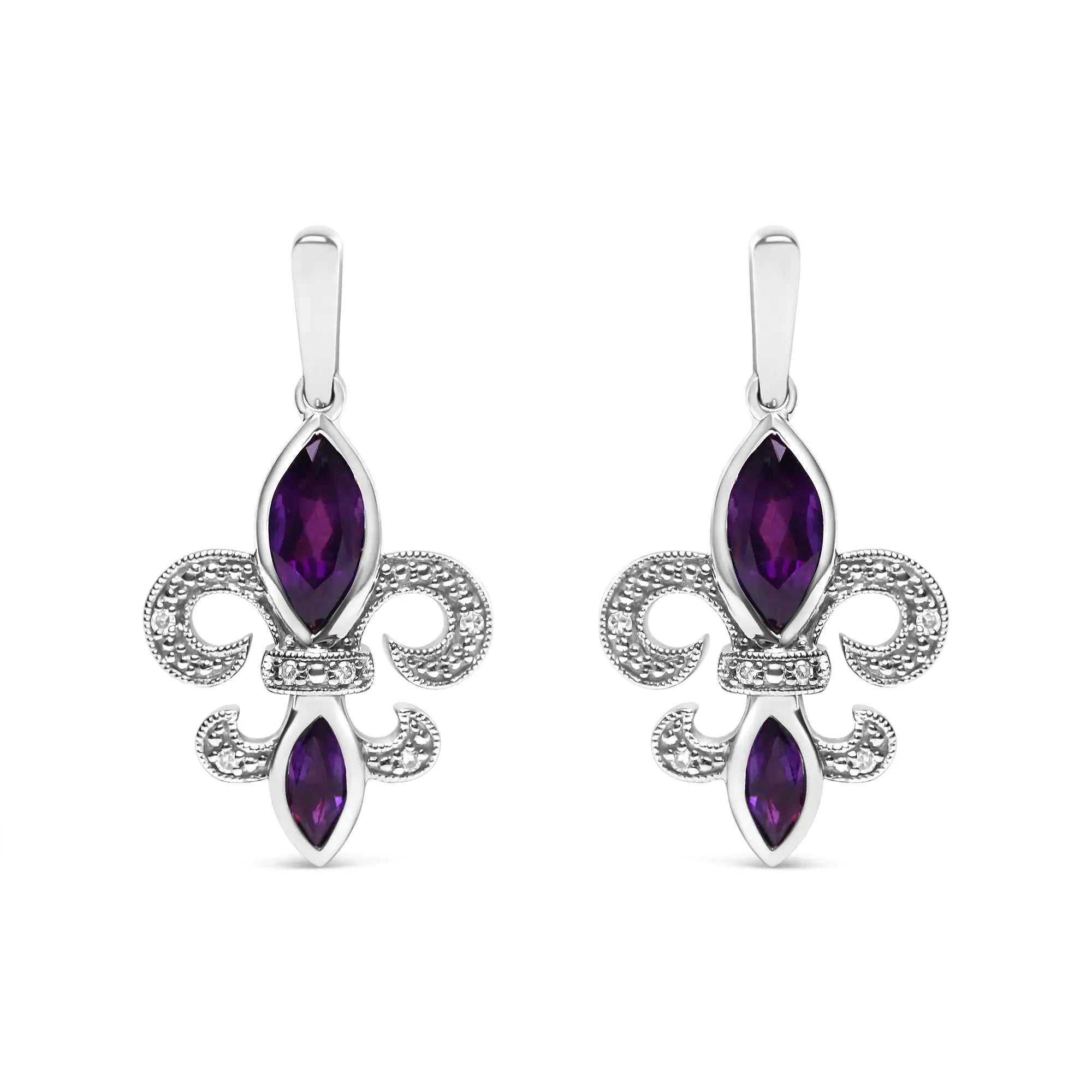 .925 Sterling Silver Marquise Cut Amethyst and Diamond Accent Fleur De Lis Dangle Stud Earrings (H-I Color, SI1-SI2 Clarity)