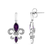 925 Sterling Silver Marquise Cut Amethyst and Diamond Accent Fleur De Lis Dangle Stud Earrings (H-I Color, SI1-SI2 Clarity)