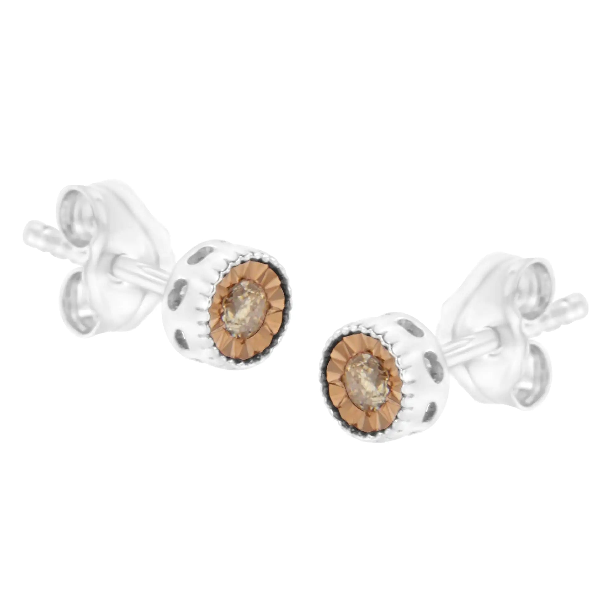 Round Brilliant-Cut Champagne Diamond Miracle-Set Stud Earrings