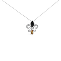 925 Sterling Silver Marquise Onyx and Citrine and Diamond Accent Fleur De Lis Pendant Necklace (H-I Color, SI1-SI2 Clarity) - 18"