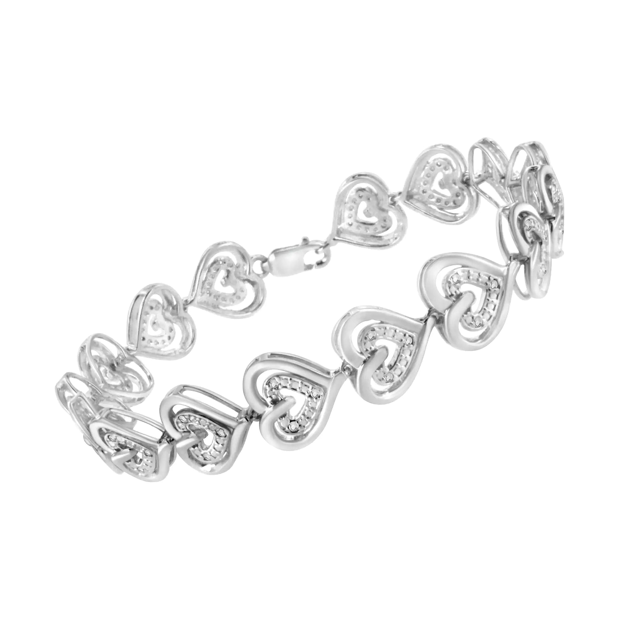 925 Sterling Silver 1/4 Cttw Round-Cut Diamond Double Heart Link Bracelet (I-J Color, I2-I3 Clarity) - 7.25" Inches