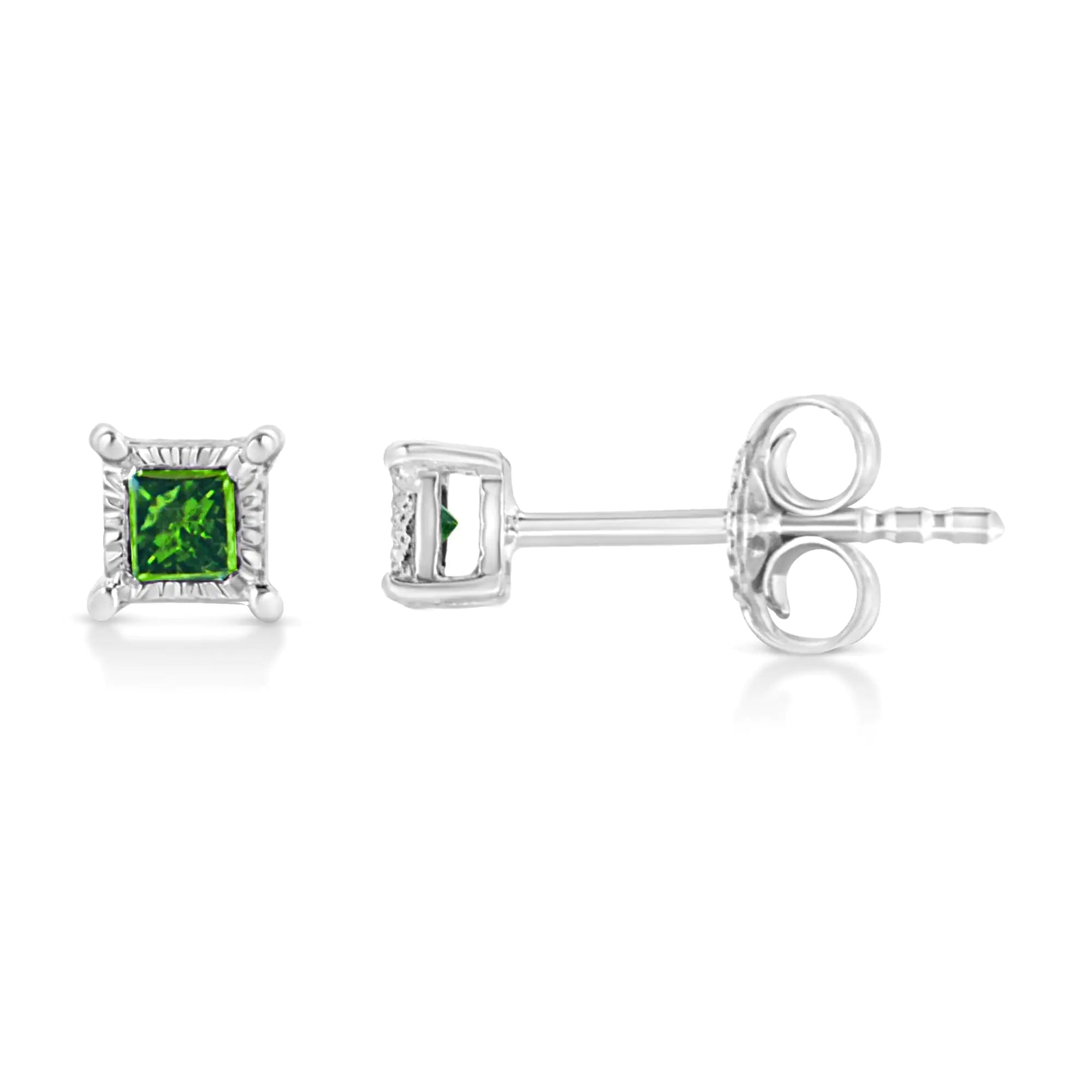 Miracle Set Princess-Cut Treated Green Diamond Stud Earrings