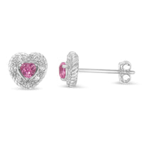 Pink Sapphire Diamond-Accented 5/8" Heart-Shaped Rope Stud Earrings 