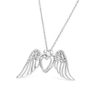 925 Sterling Silver Pave-Set Diamond Accent Angel Wing 18" Double Heart Pendant Necklace (I-J Color, I1-I2 Clarity)