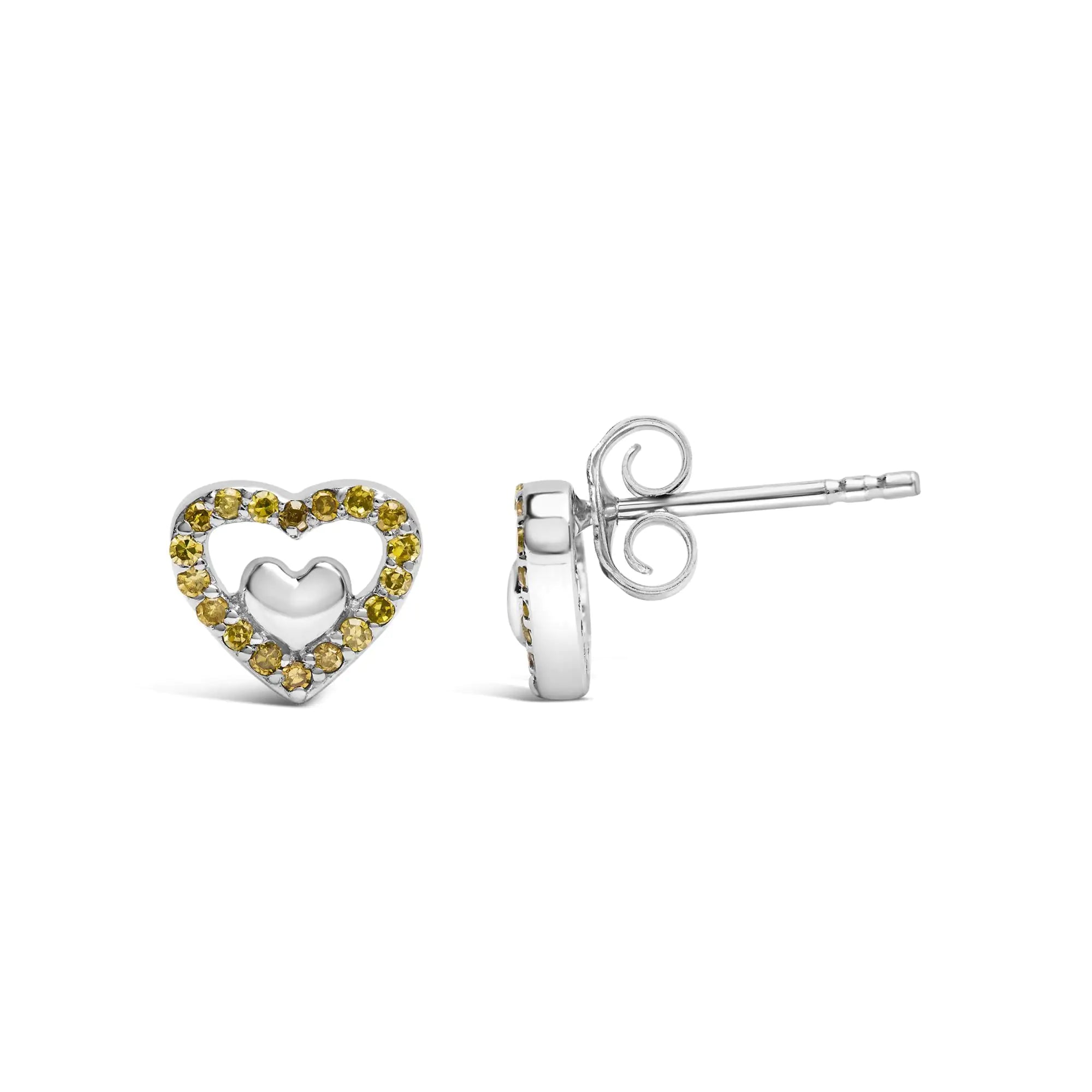 925 Sterling Silver 1/6 Cttw Diamond Open Double Heart Stud Earrings