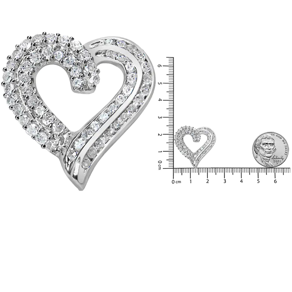 .925 Sterling Silver 1.0 Cttw Prong & Channel-Set Diamond Open work Ribbon Heart Pendant 18" Necklace (I-J Color, I3 Clarity)