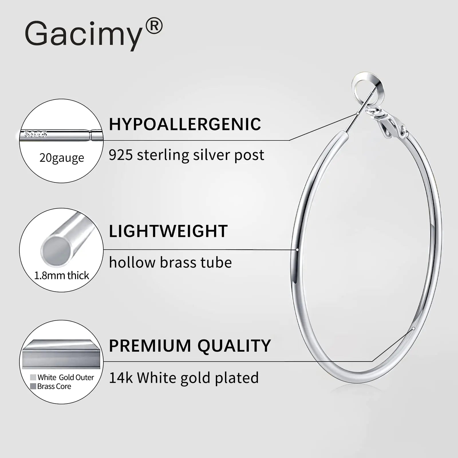 Hoop Earrings 14K Real Gold Plated for Women 925 Sterling Silver 30mm.