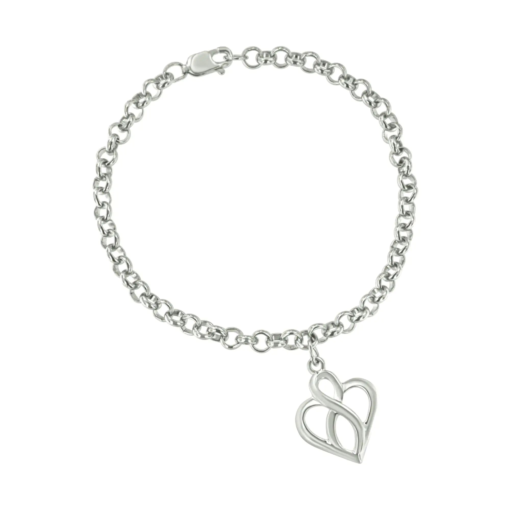 925 Sterling Silver Open Heart with Center Vertical Infinity Chain Charm Bracelet - Size 7"