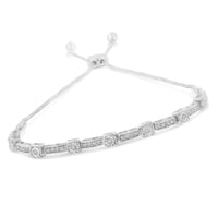 925 Sterling Silver 1/4 Cttw Diamond Art Deco Milgrain Square Station & Bar Style Adjustable Bolo 6"-9" Bracelet (H-I Color, I2-I3 Clarity)