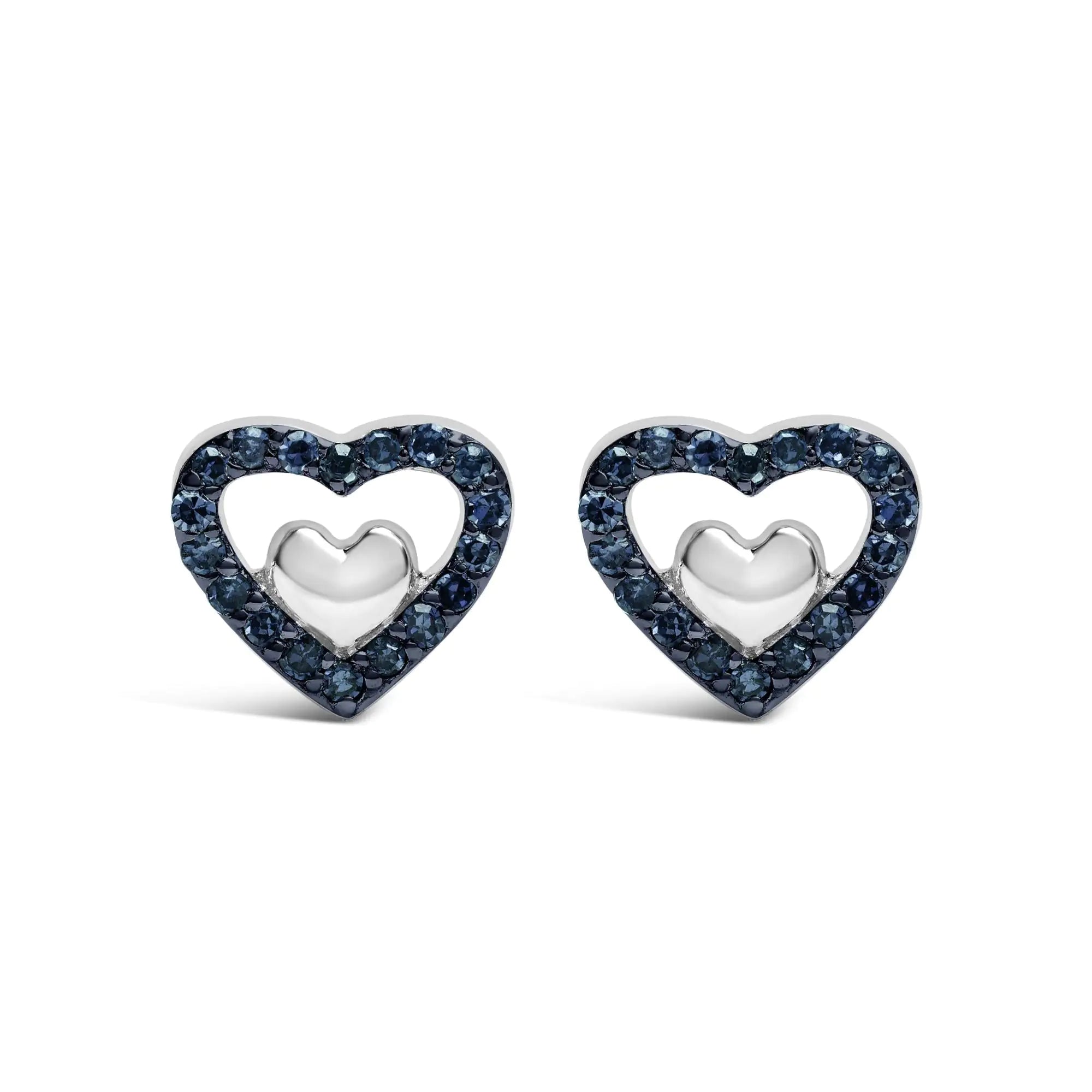 925 Sterling Silver 1/6 Cttw Diamond Open Double Heart Stud Earrings