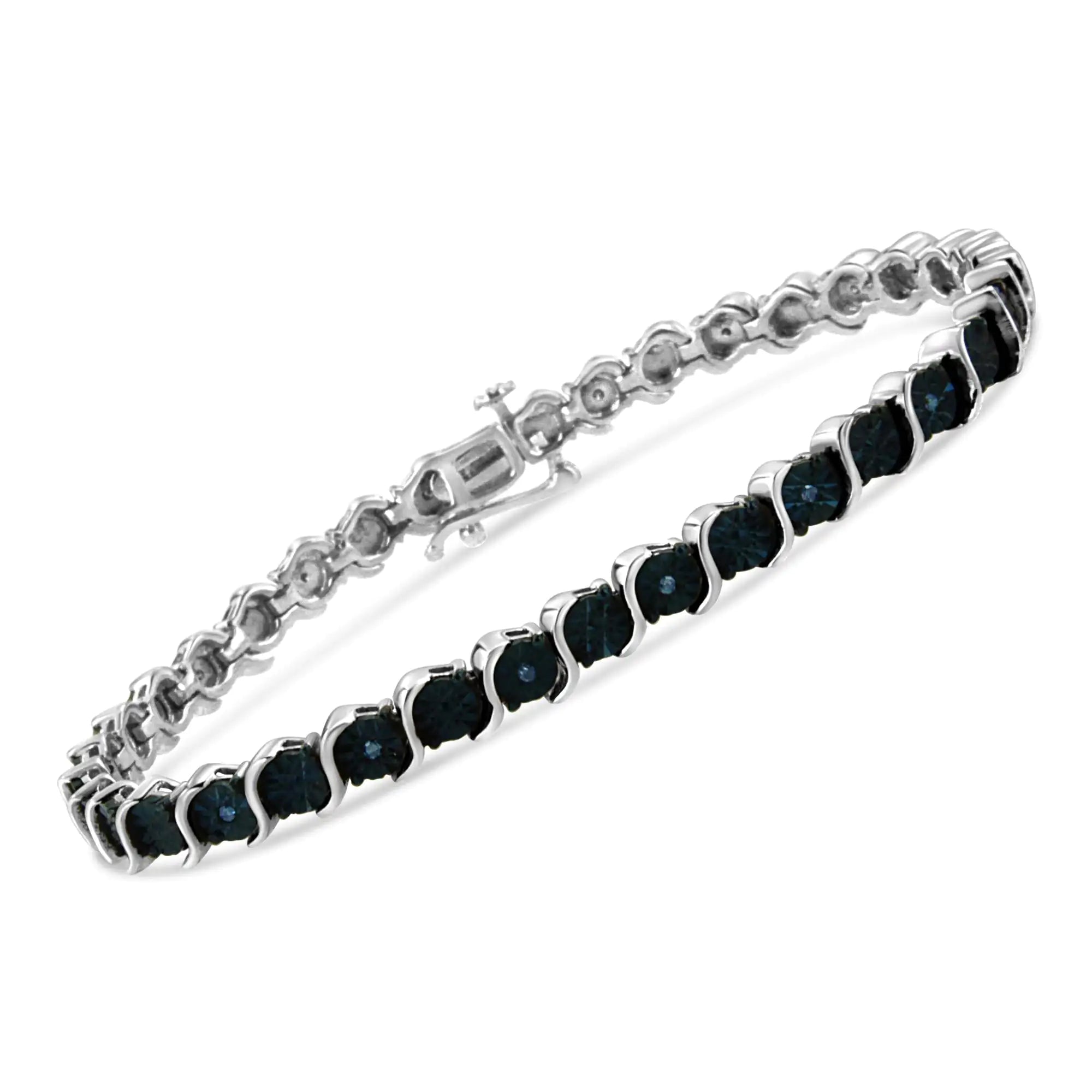 925 Sterling Silver 1/10 Cttw Miracle-Set Treated Blue Color Diamond Miracle Plate "S" Link Tennis Bracelet (Blue Color, I2- I3 Clarity) - 7.25"