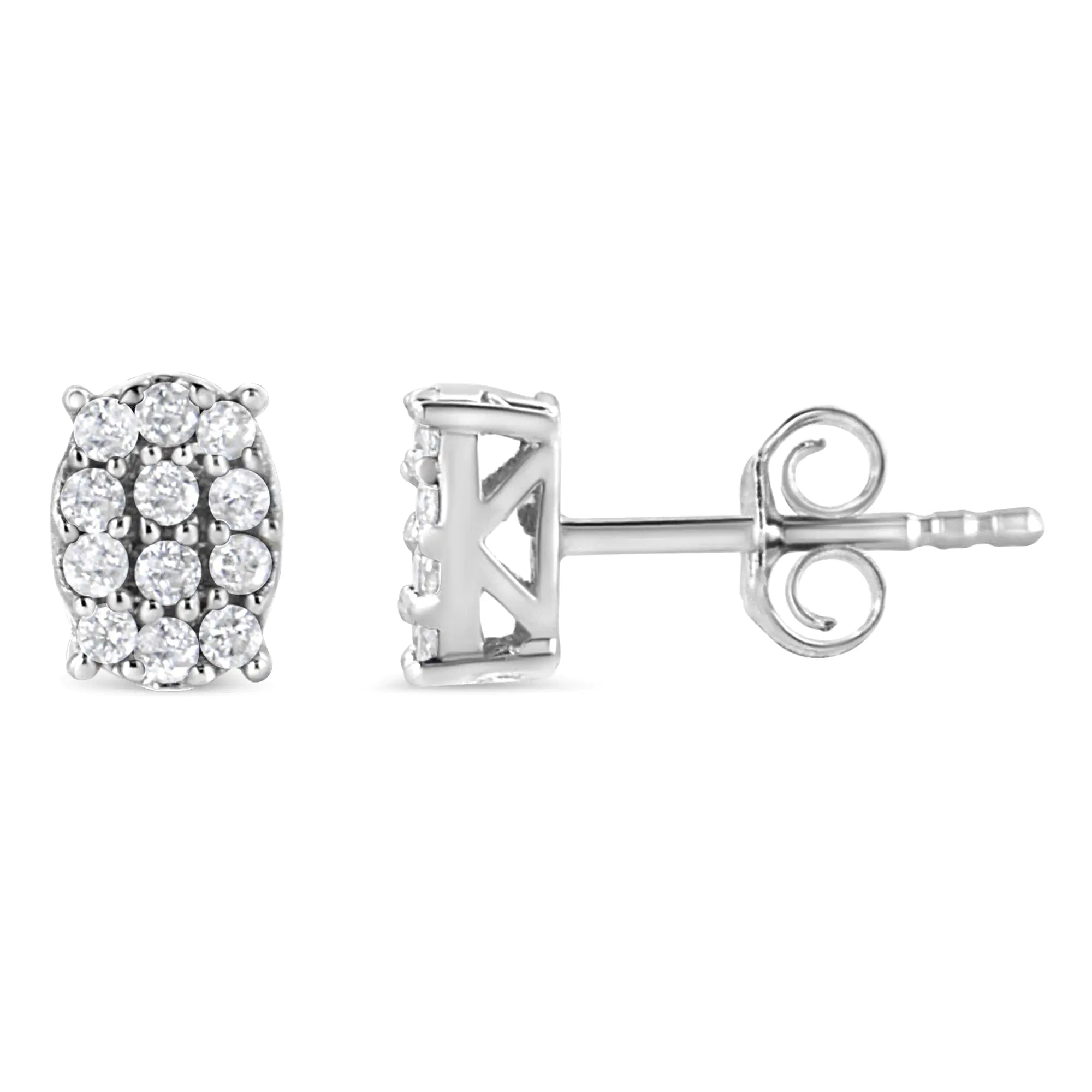 Round Diamond Oval Shaped Cluster Stud Earrings