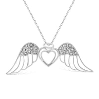 925 Sterling Silver Pave-Set Diamond Accent Angel Wing 18" Double Heart Pendant Necklace (I-J Color, I1-I2 Clarity)