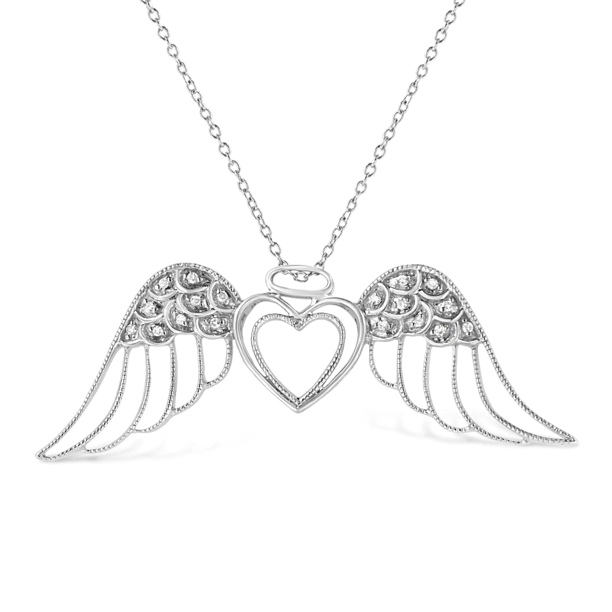 .925 Sterling Silver Pave-Set Diamond Accent Angel Wing 18" Double Heart Pendant Necklace (I-J Color, I1-I2 Clarity)