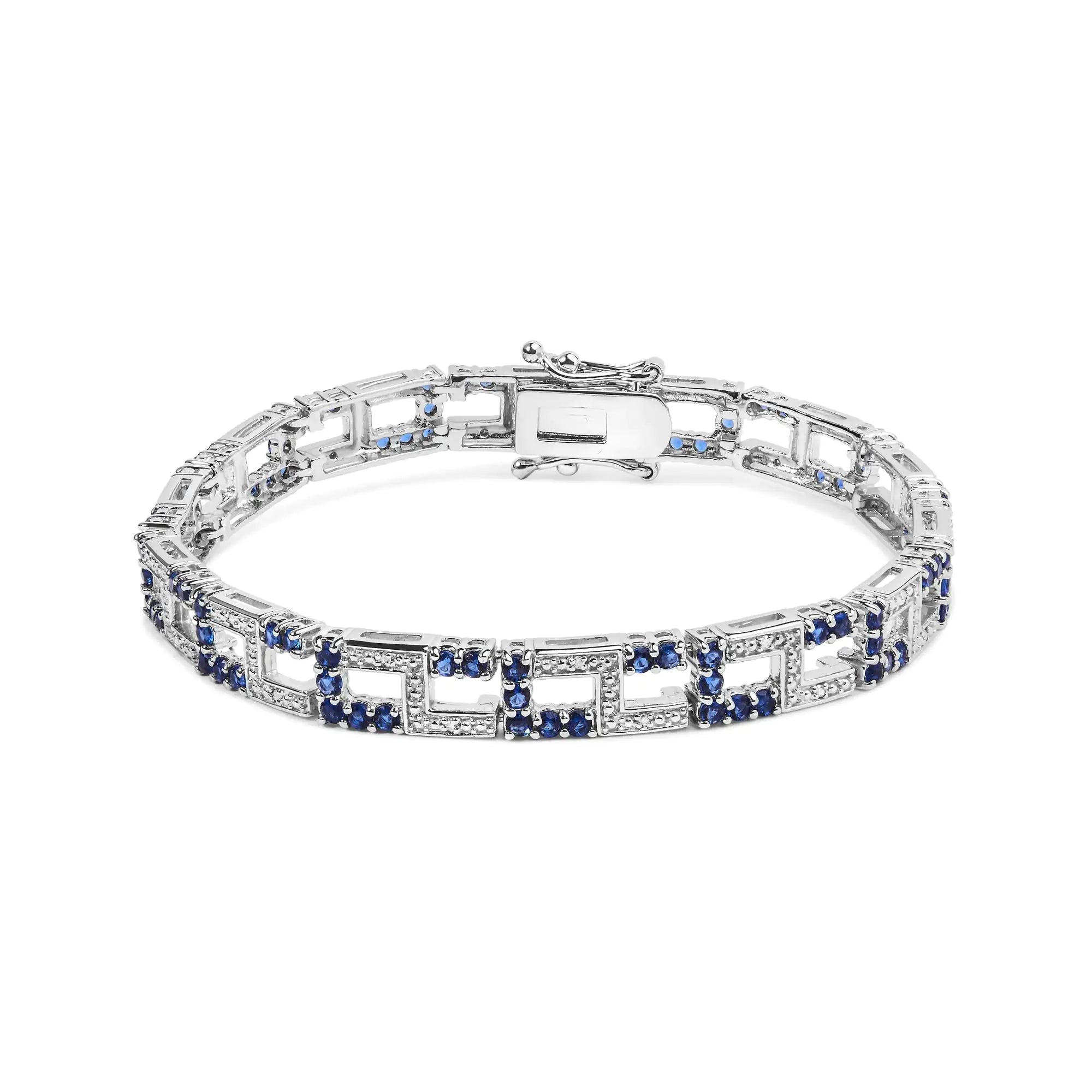 .925 Sterling Silver 4 4/5 Cttw Created Blue Sapphire and Diamond Accent Art Deco Style Open Link Tennis Bracelet (I-J Color, I3 Clarity) - 7.5 inches"