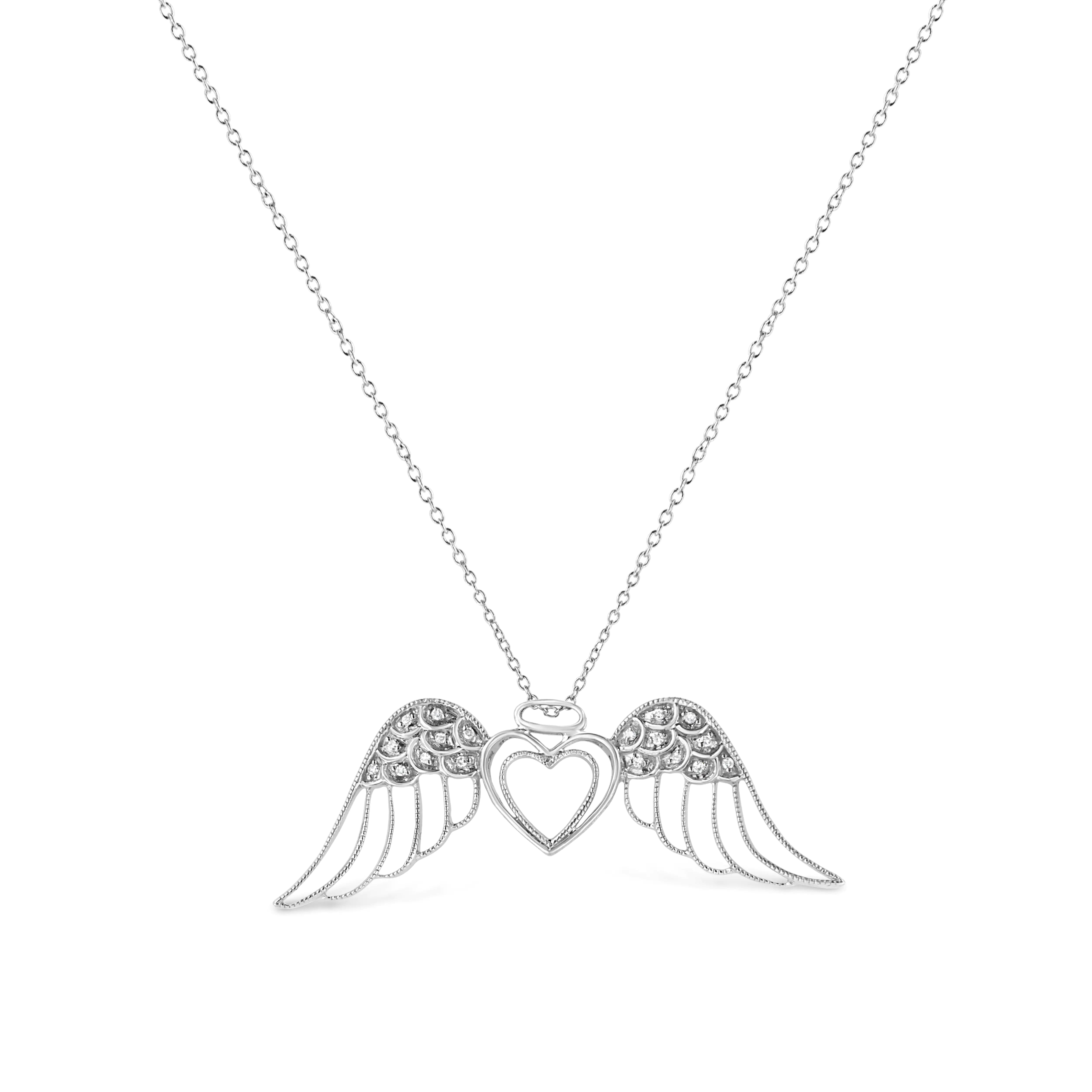 925 Sterling Silver Pave-Set Diamond Accent Angel Wing 18" Double Heart Pendant Necklace (I-J Color, I1-I2 Clarity)