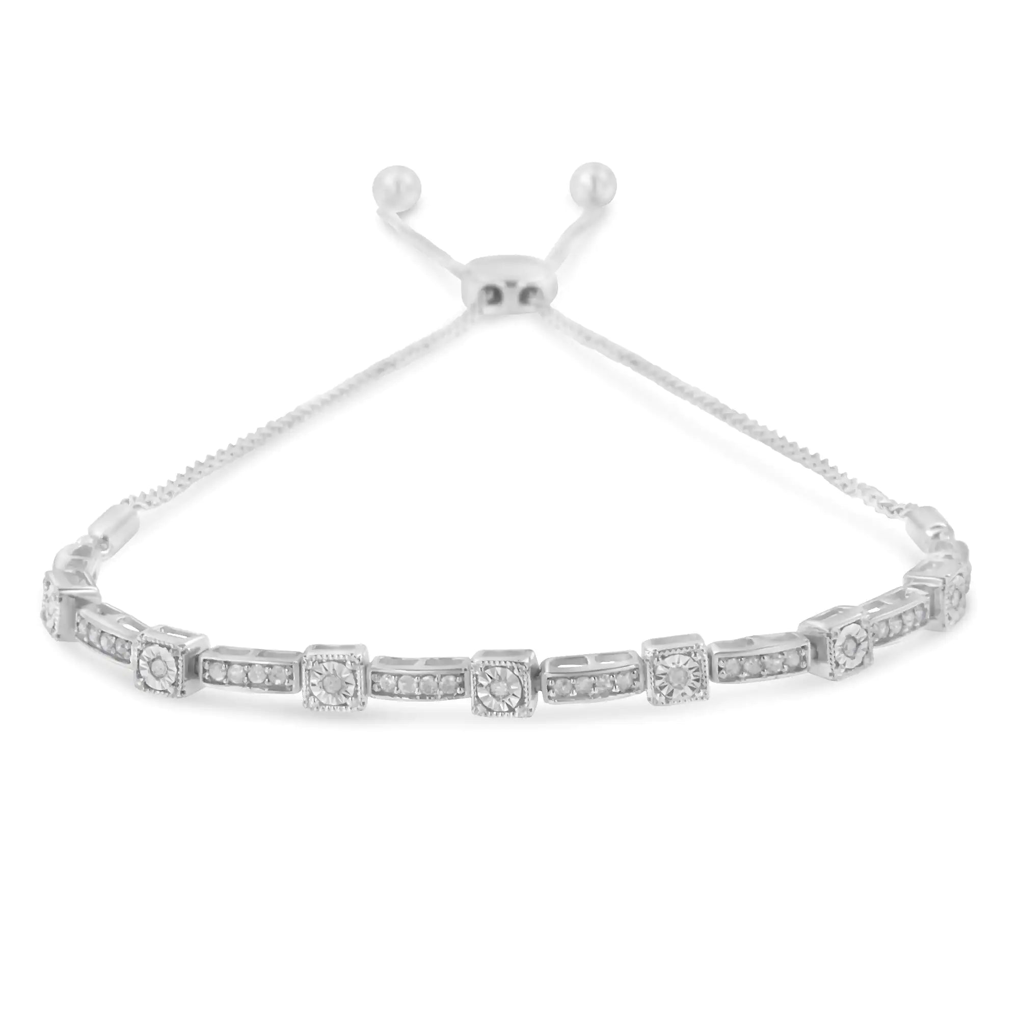 .925 Sterling Silver 1/4 Cttw Diamond Art Deco Milgrain Square Station & Bar Style Adjustable Bolo 6"-9" Bracelet (H-I Color, I2-I3 Clarity)