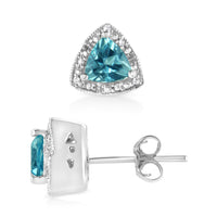 925 Sterling Silver 6x6 mm Trillion Cut Blue Topaz Gemstone and Diamond Accent Stud Earring (I-J Color, I1-I2 Clarity)