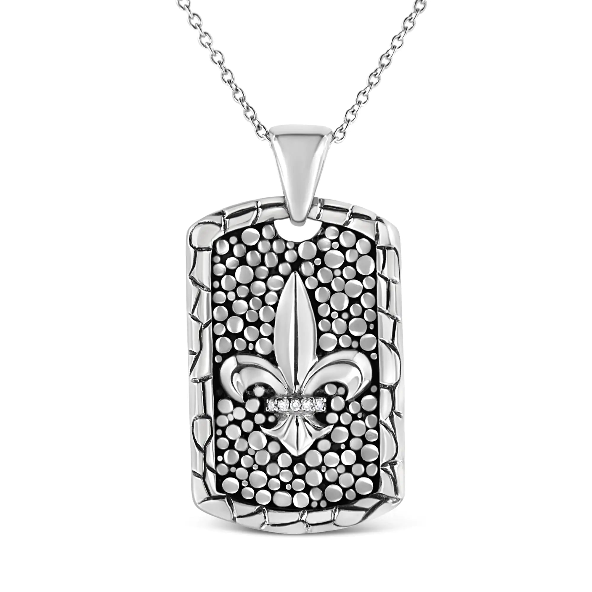 .925 Sterling Silver Invisible-Set Diamond Accent "Fleur Di Lis" 18" Pendant Necklace Dog Tag (I-J Color, I1-I2 Clarity)