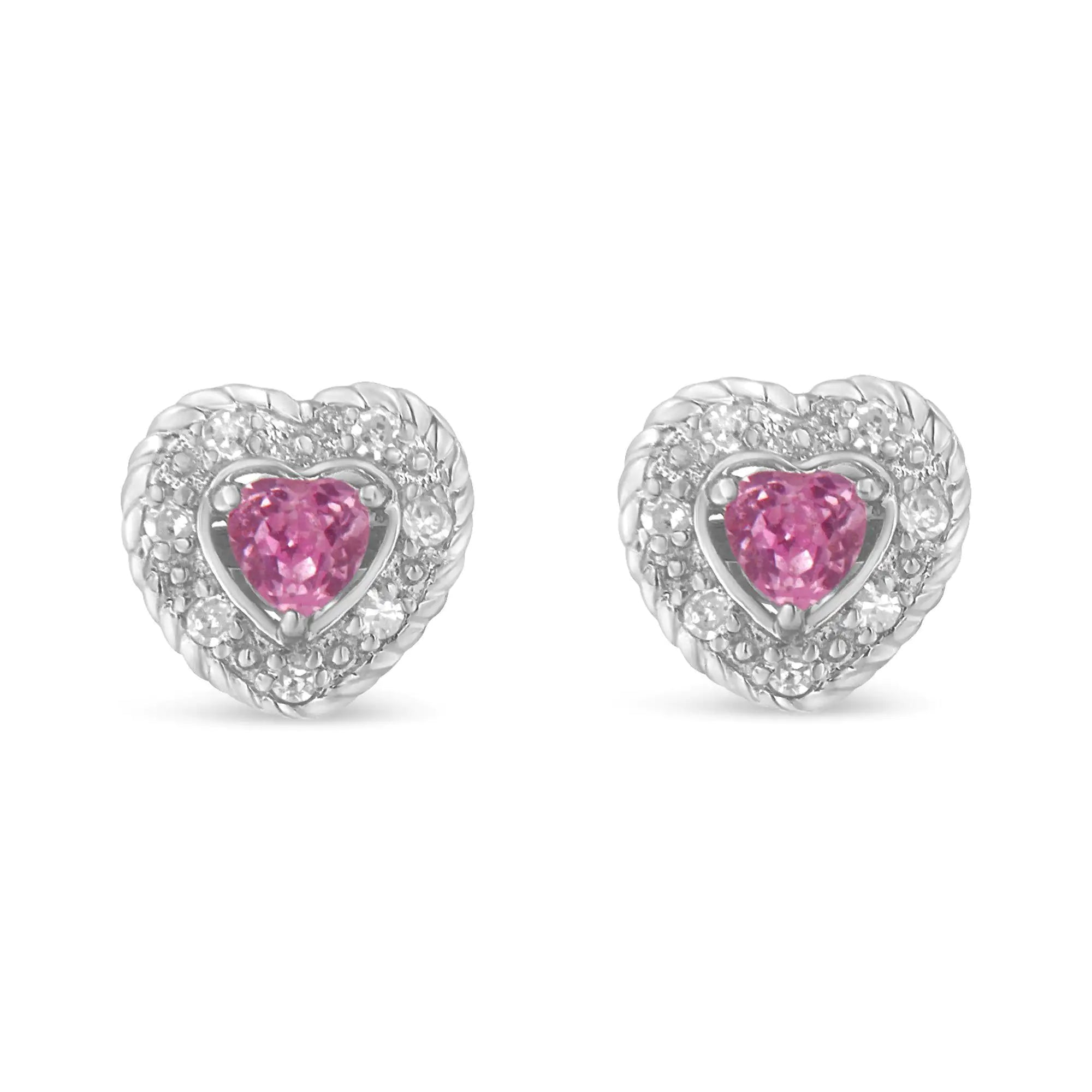 Pink Sapphire Diamond-Accented 5/8" Heart-Shaped Rope Stud Earrings 