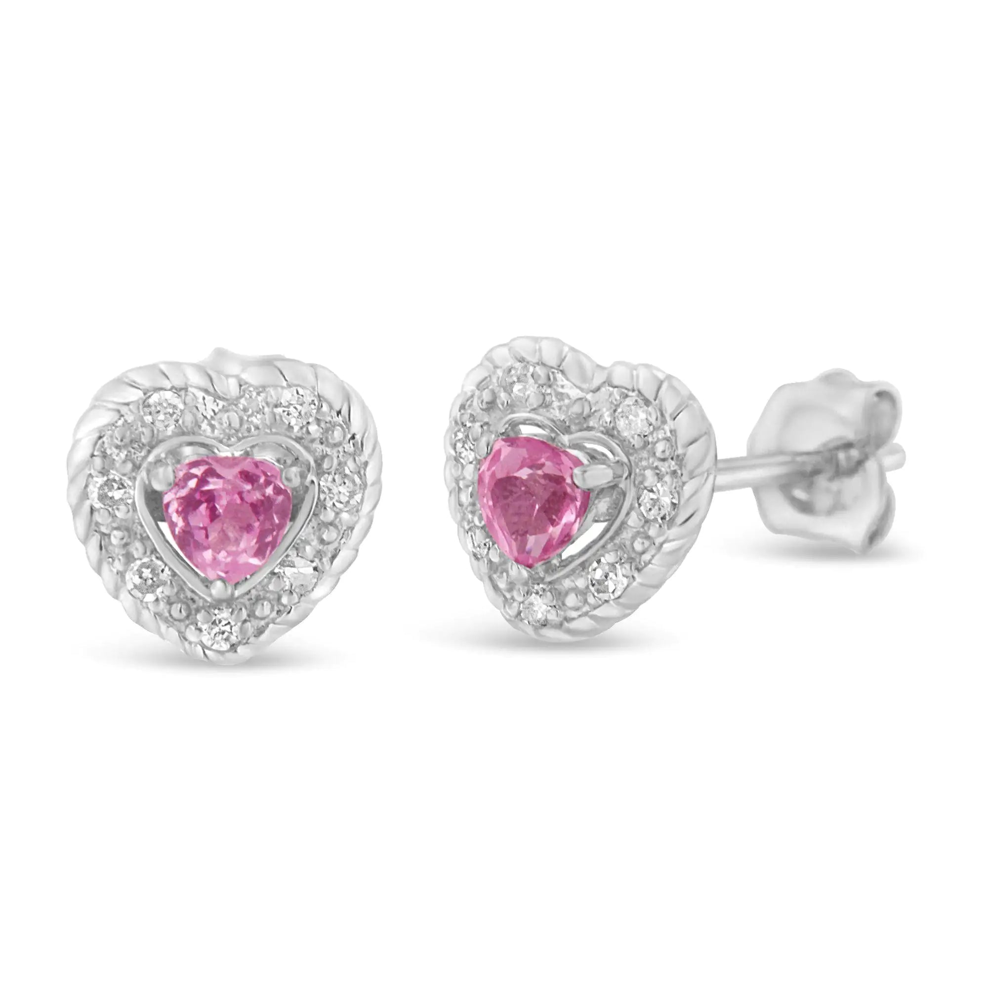 Pink Sapphire Diamond-Accented 5/8" Heart-Shaped Rope Stud Earrings 