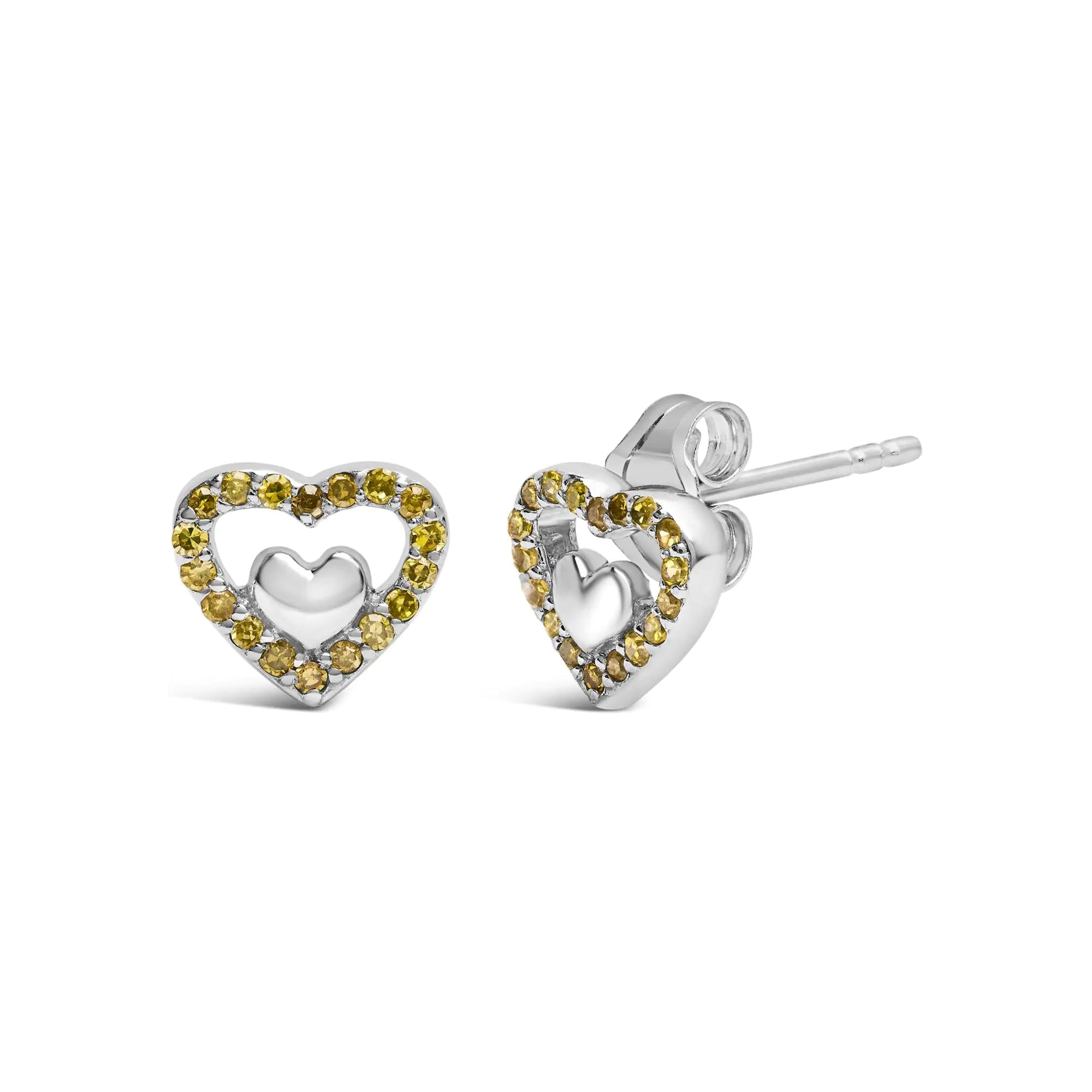 925 Sterling Silver 1/6 Cttw Diamond Open Double Heart Stud Earrings