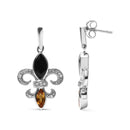 925 Sterling Silver Marquise Cut Onyx and Citrine with Diamond Accent Fleur De Lis Drop Stud Earrings (H-I Color, SI1-SI2 Clarity)