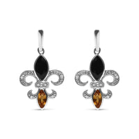 925 Sterling Silver Marquise Cut Onyx and Citrine with Diamond Accent Fleur De Lis Drop Stud Earrings (H-I Color, SI1-SI2 Clarity)