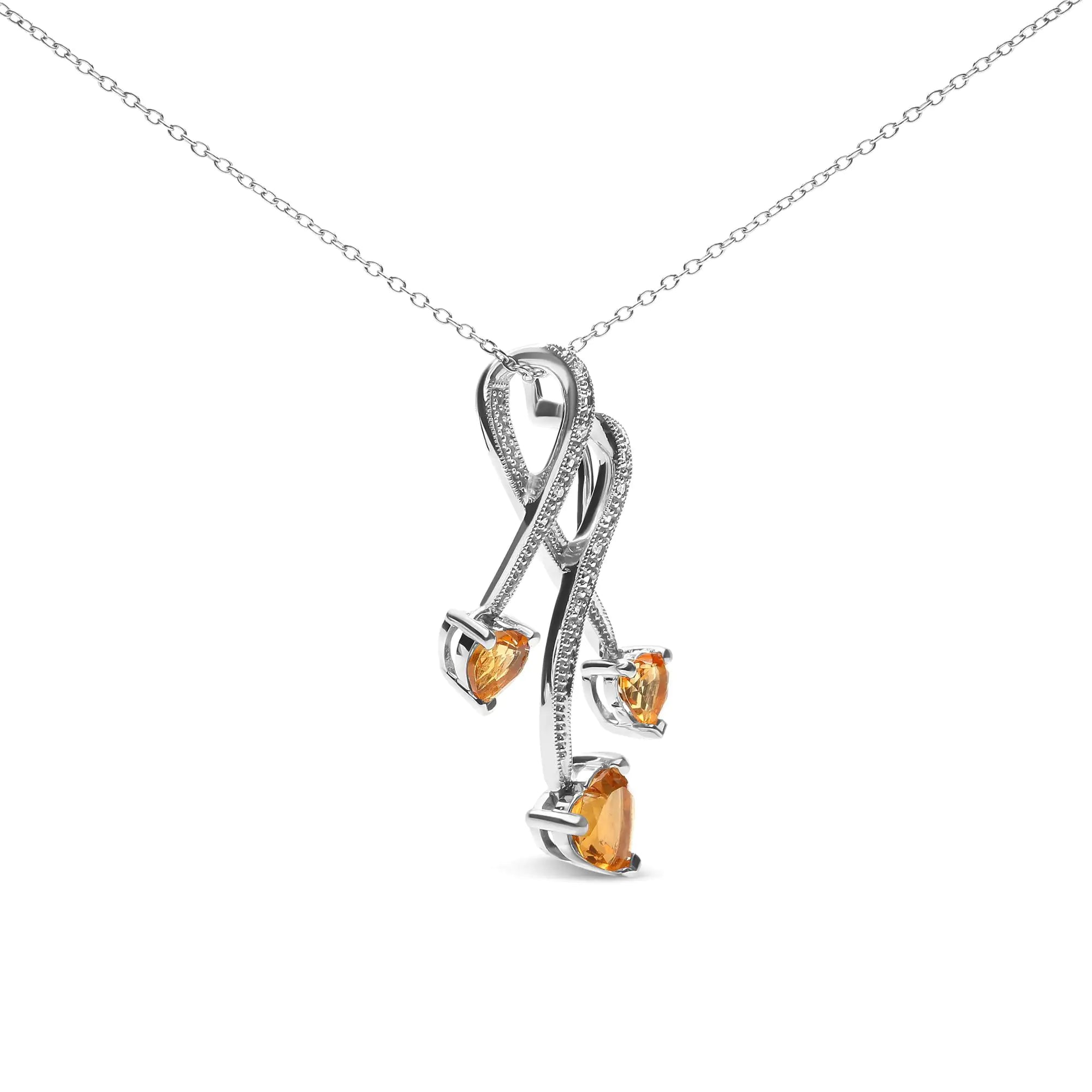 925 Sterling Silver 3-Stone Heart Shape Citrine and Diamond Accent Spiral Drop 18" Pendant Necklace (H-I Color, SI1-SI2 Clarity)