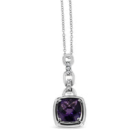 925 Sterling Silver 6x6MM Cushion Shaped Natural Purple Amethyst and Diamond Accented Bale 18" Inch Pendant Necklace (I-J Color, I1-I2 Clarity)