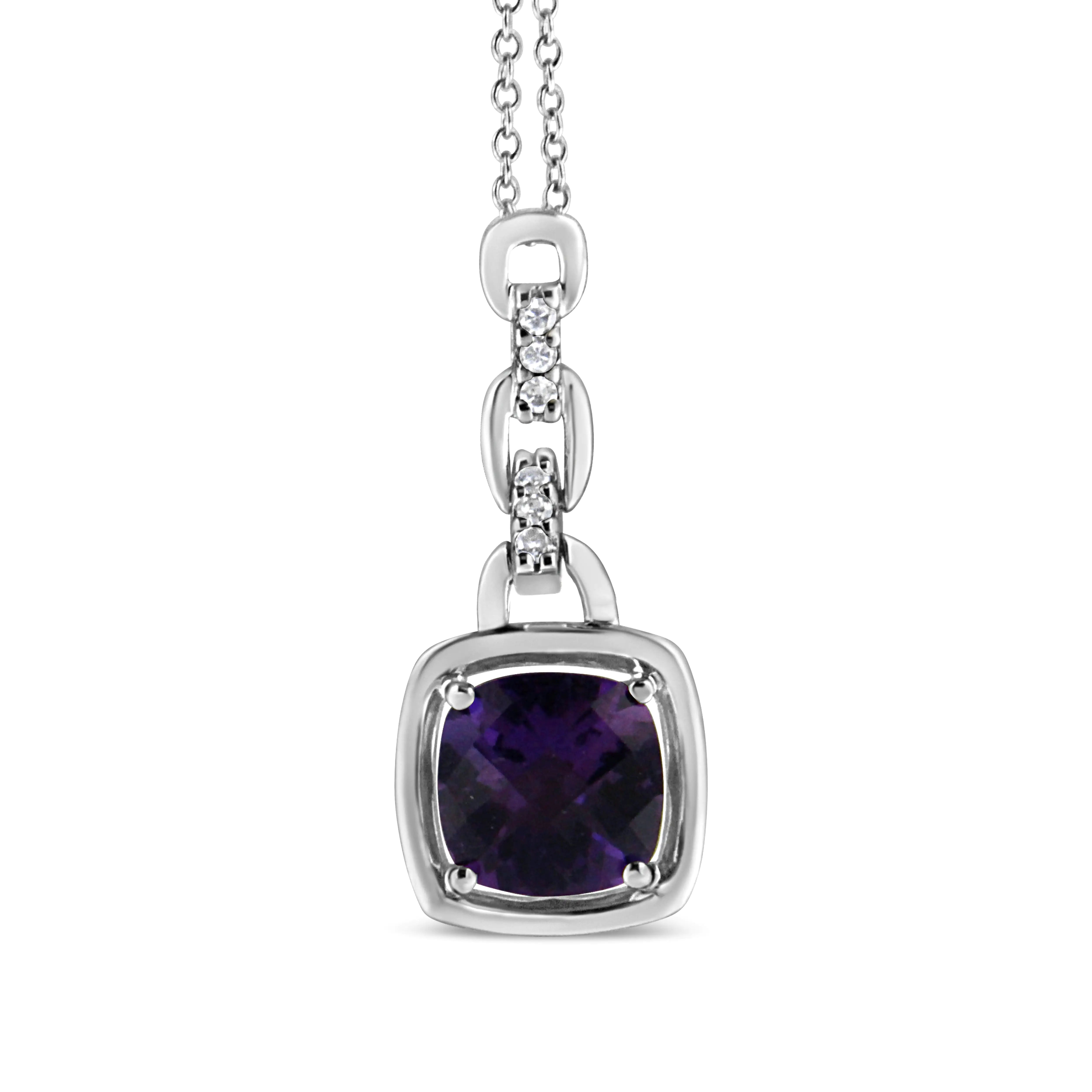 925 Sterling Silver 6x6MM Cushion Shaped Natural Purple Amethyst and Diamond Accented Bale 18" Inch Pendant Necklace (I-J Color, I1-I2 Clarity)