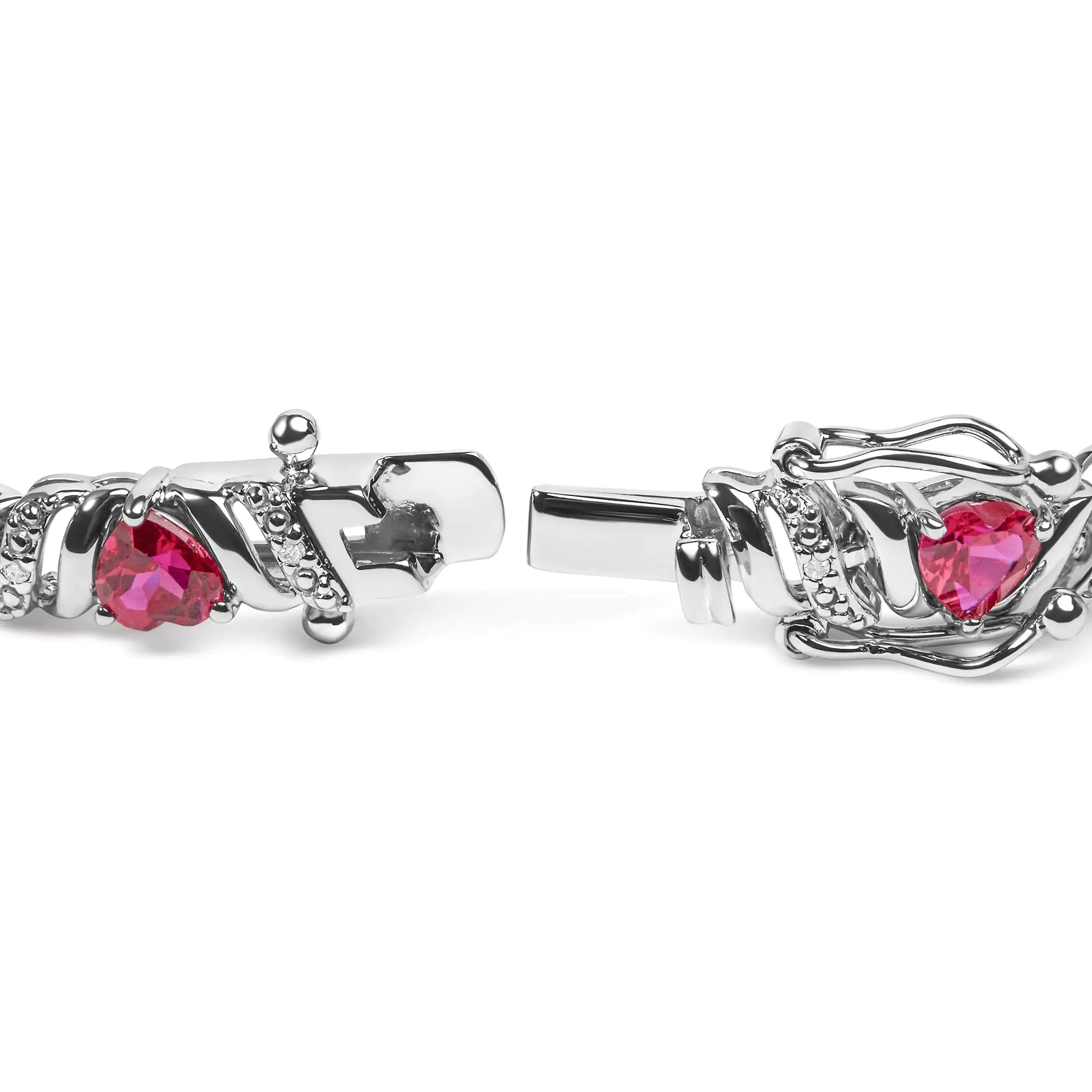 .925 Sterling Silver Created Heart Shape Red Ruby and White Diamond Accent Link Bracelet (I-J Color, I3 Clarity)- 7.25" Inches