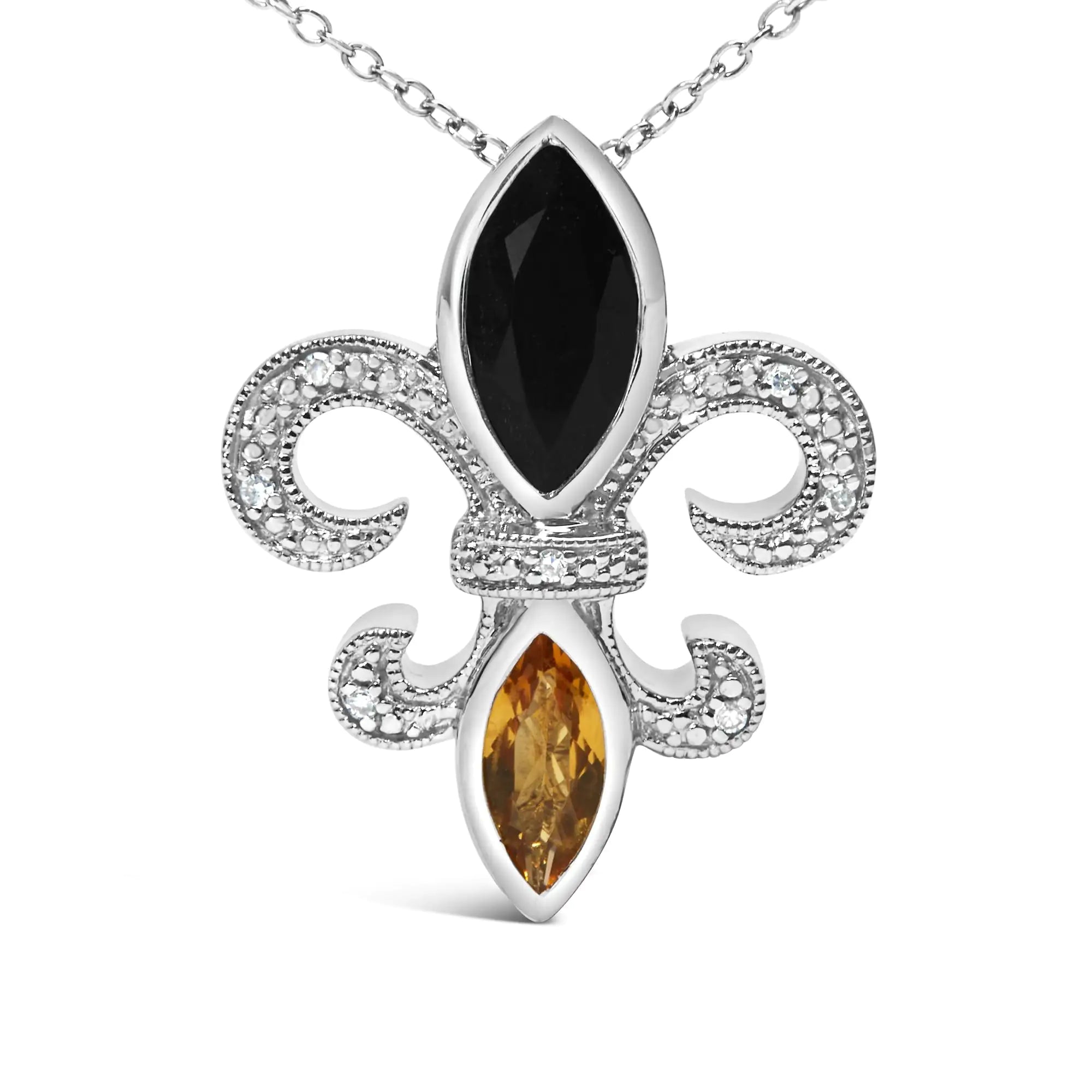 925 Sterling Silver Marquise Onyx and Citrine and Diamond Accent Fleur De Lis Pendant Necklace (H-I Color, SI1-SI2 Clarity) - 18"