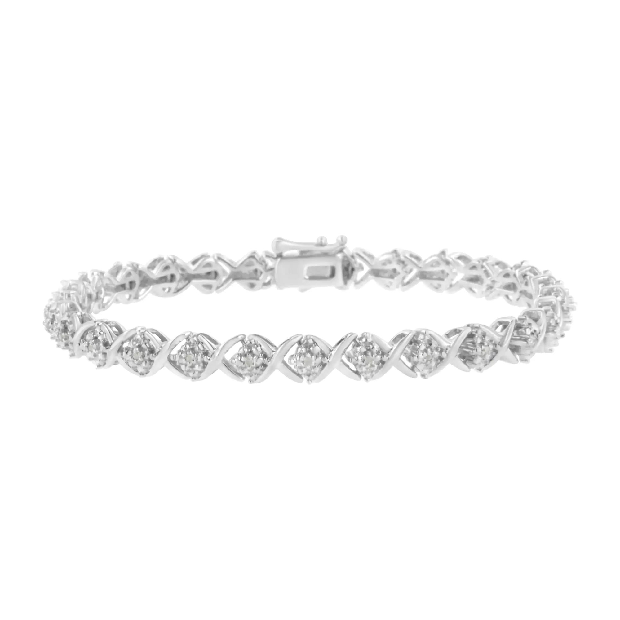 .925 Sterling Silver Round-Cut Diamond Accent Floral Cluster and "X" Link Bracelet (I-J Color, I3 Clarity) - 7.25"