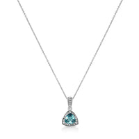 925 Sterling Silver 7x7 mm Trillion Cut Blue Topaz Gemstone and Diamond Accent 18" Pendant Necklace (I-J Color, I1-I2 Clarity)