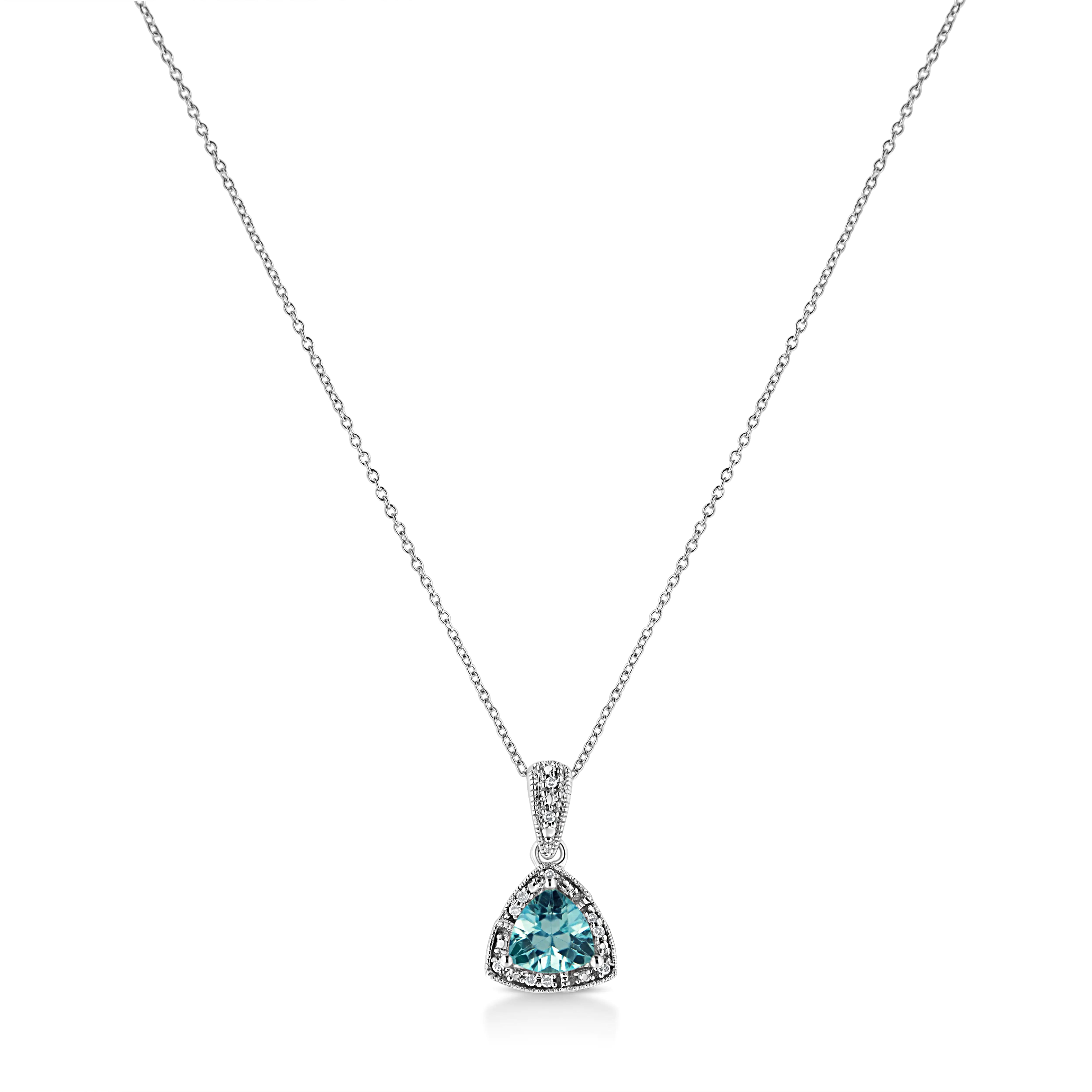 925 Sterling Silver 7x7 mm Trillion Cut Blue Topaz Gemstone and Diamond Accent 18" Pendant Necklace (I-J Color, I1-I2 Clarity)