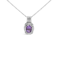 925 Sterling Silver 9x7mm Oval Purple Amethyst and Round Diamond Accent Fashion Drop Pendant 18 Inch Necklace (I-J Color, I1-I2 Clarity)