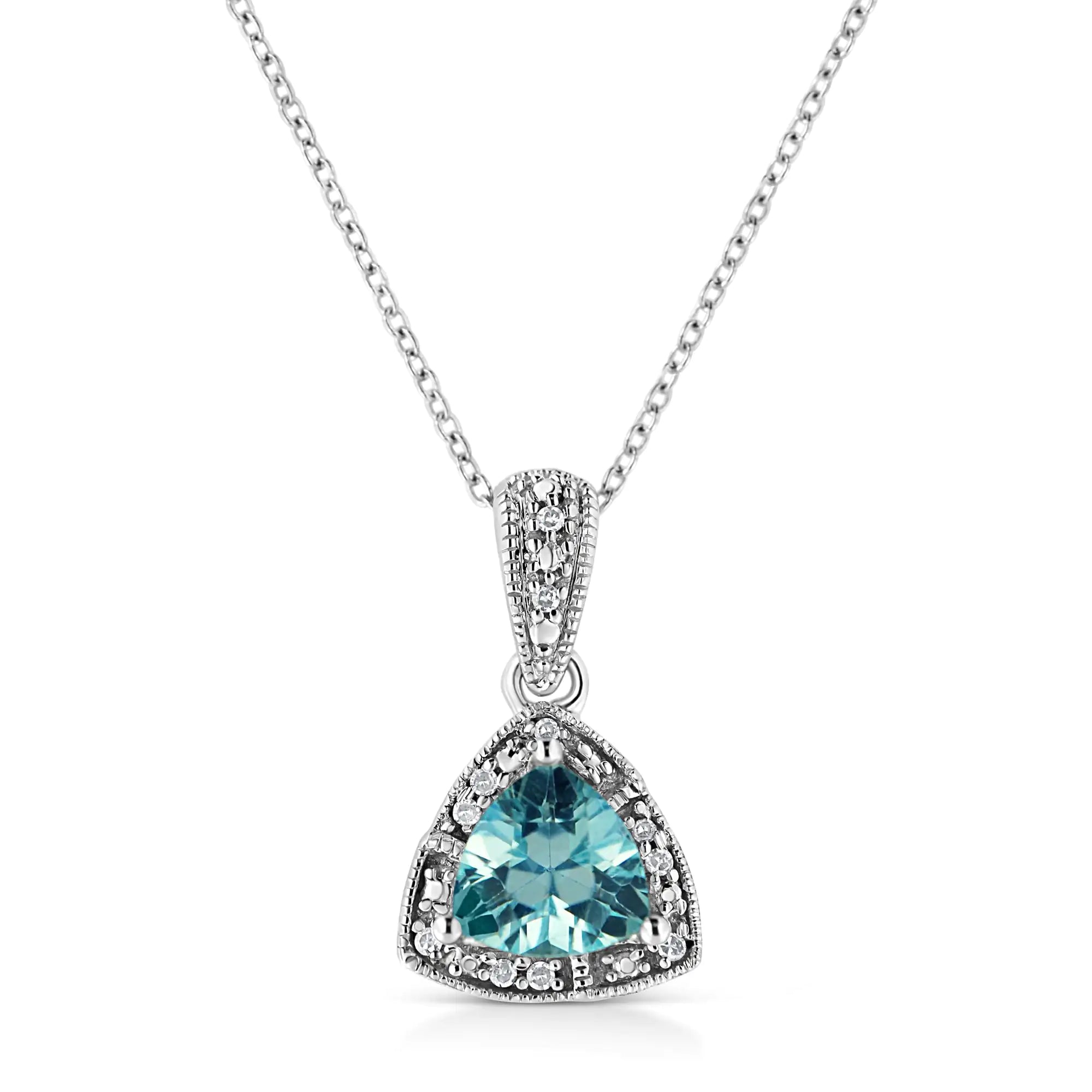 925 Sterling Silver 7x7 mm Trillion Cut Blue Topaz Gemstone and Diamond Accent 18" Pendant Necklace (I-J Color, I1-I2 Clarity)