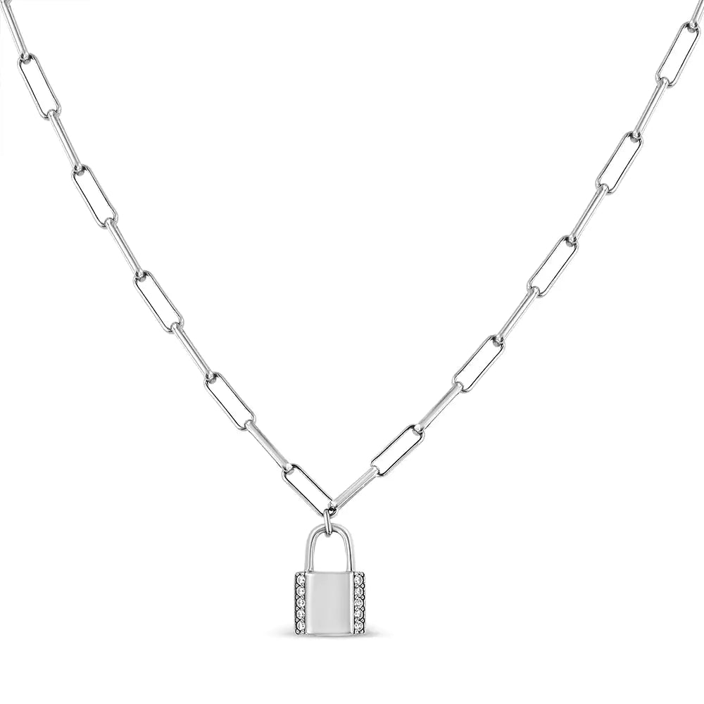 Round Diamond Lock Pendant Paperclip Chin Necklace