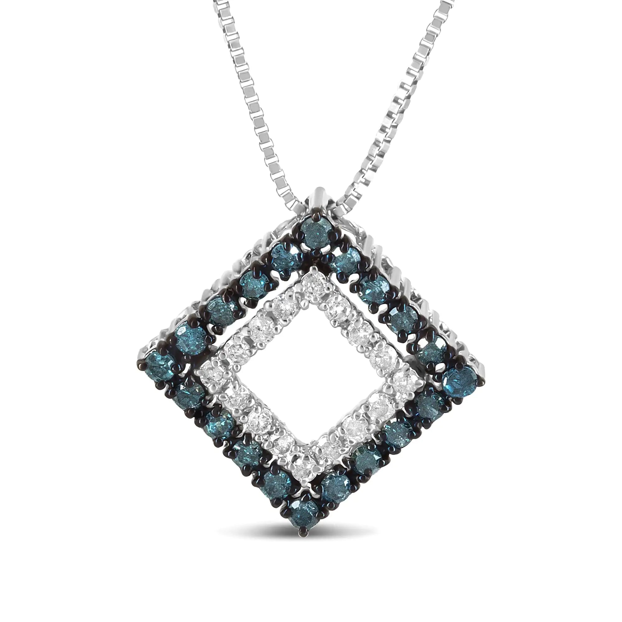 925 Sterling Silver 1/2 Cttw Treated Blue and White Diamond Double Rhombus 18" Pendant Necklace (Blue/I-J Color, I2-I3 Clarity)