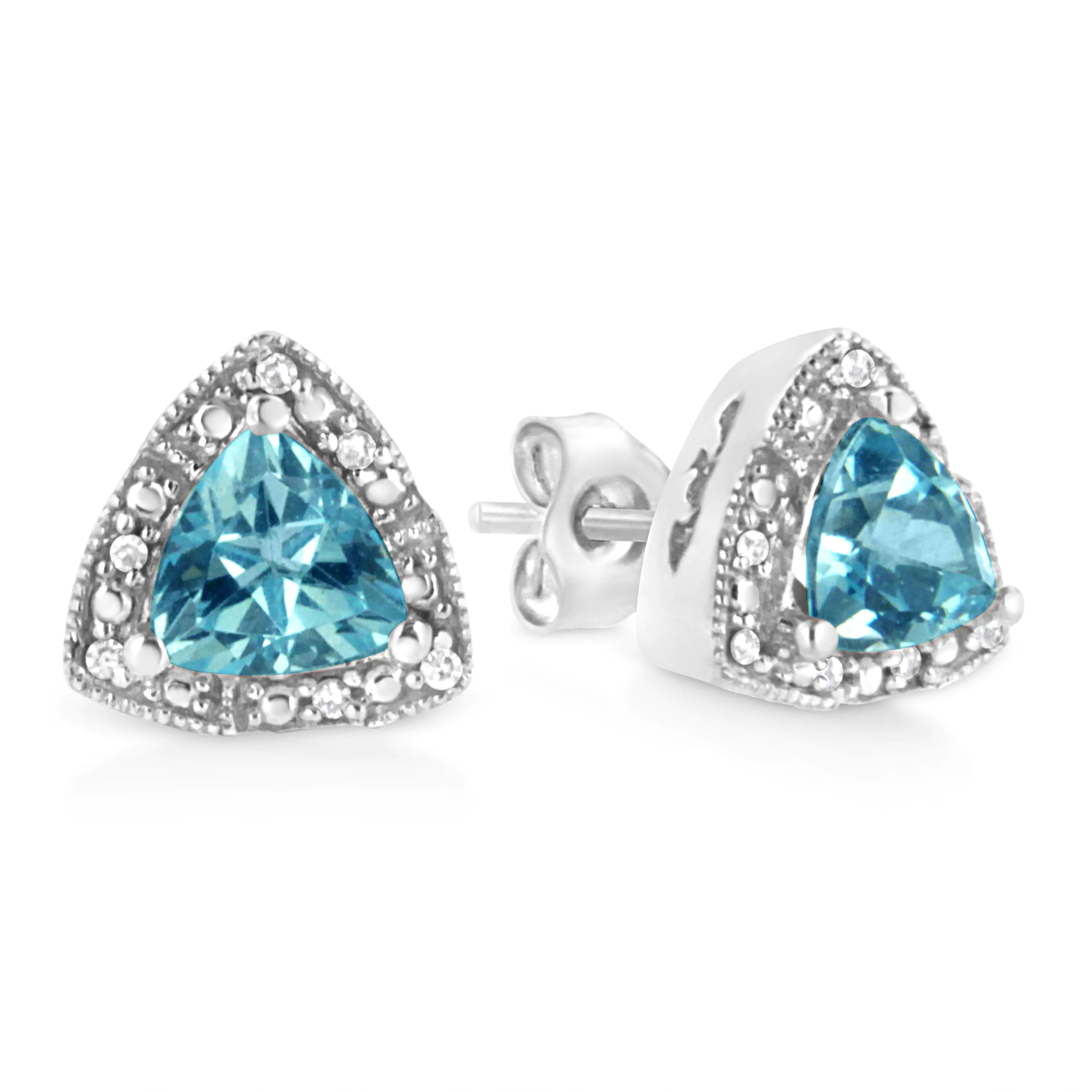 925 Sterling Silver 6x6 mm Trillion Cut Blue Topaz Gemstone and Diamond Accent Stud Earring (I-J Color, I1-I2 Clarity)